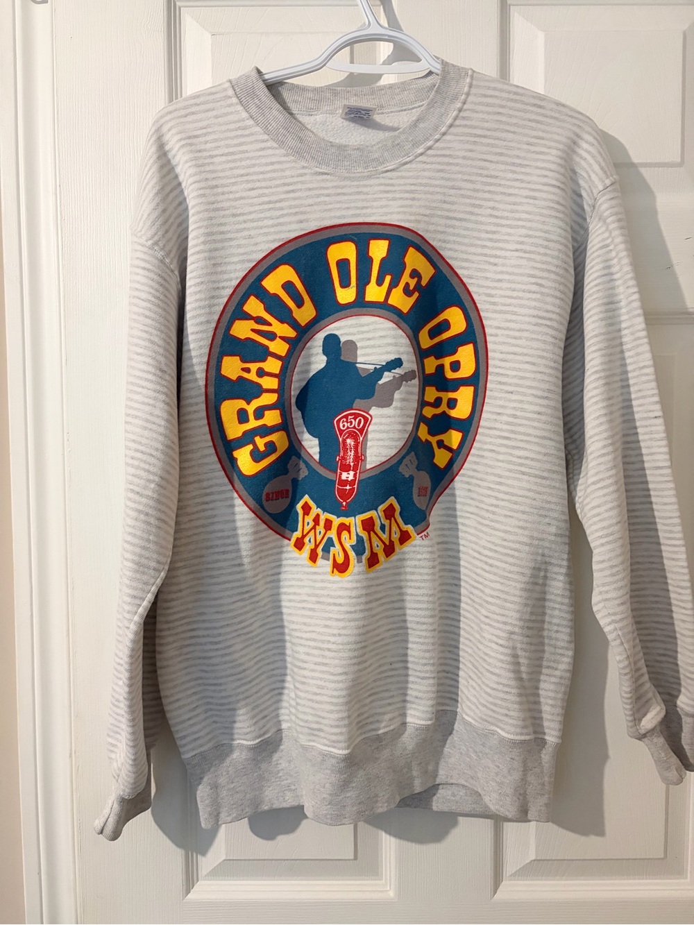 Jerzees Light Gray Striped Crewneck with Grand Ole Opry Graphic
